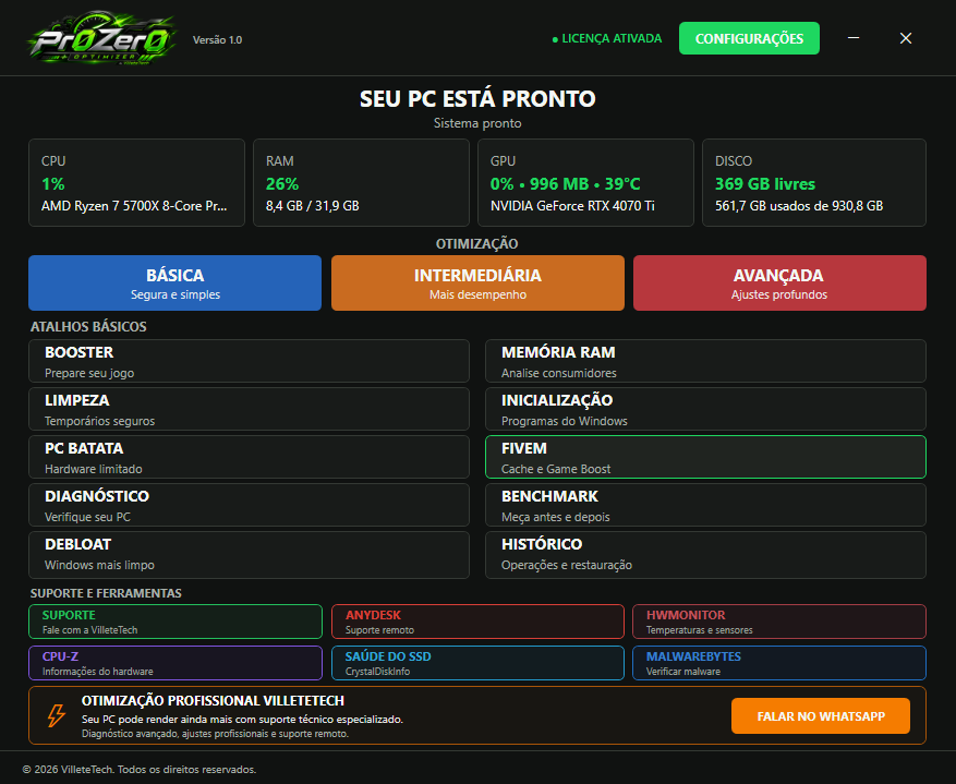 Painel principal do Pr0Zer0 Optimizer
